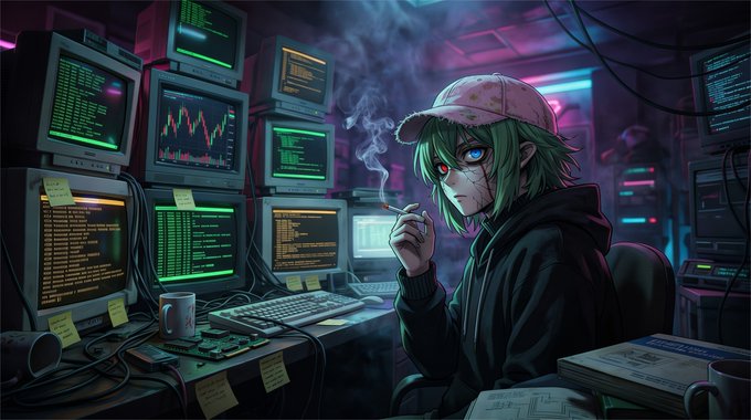 A green-haired hacker with heterochromatic red and blue eyes smokes a cigarette while sitting amid a chaotic array of glowing monitors displaying charts, graphs, and lines of code, surrounded by sticky notes and scattered coffee mugs. The image perfectly embodies the post's warning that "pons has lost its motion," as the intense, electrified cyberpunk scene depicts someone ready to deliver a surprising comeback through their work on the screens.