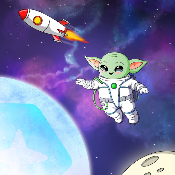 A cartoon green alien in a spacesuit floats in a colorful cosmic scene alongside a launching rocket, a moon with a star design, and another planet, humorously playing on the crypto slang "When moon?" to depict an extraterrestrial literally going to the moon.