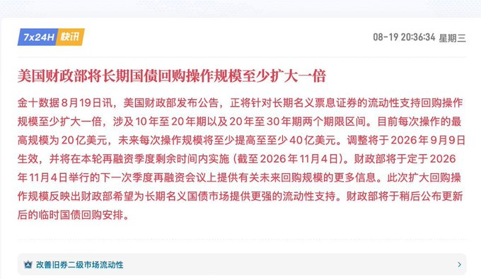 A Chinese-language 7x24H fast news article titled '美国财政部将长期国债回购操作规模至少扩大一倍' reports that the US Treasury will at least double the scale of its long-term Treasury repurchase operations, effective September 9, 2026.