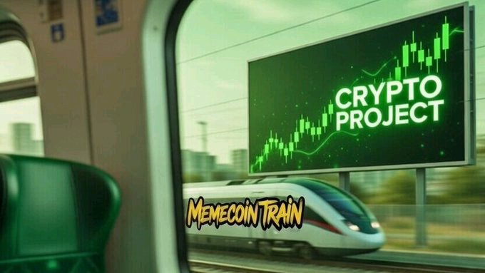 A meme image showing a high-speed train passing by a billboard advertising a 'CRYPTO PROJECT' featuring a green candlestick chart going up, with the text 'MEMECOIN TRAIN' overlaid on the side of the train.