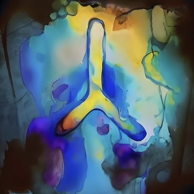 An abstract watercolor-style image featuring a figure with arms raised upward, rendered in flowing blues, yellows, and purples.