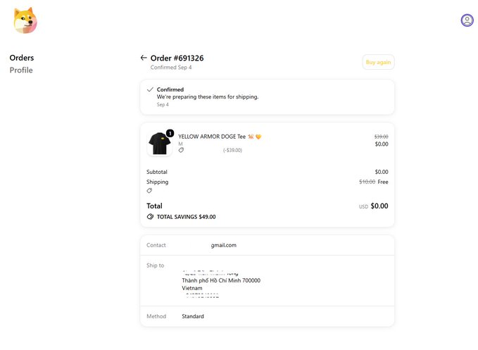 Order confirmation page showing Order #691326 for a YELLOW ARMOR DOG Tee with a $39.00 discount, free shipping to Vietnam, and a total of $0.00.