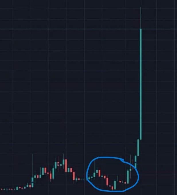 A candlestick chart on a dark grid background highlights a circled accumulation pattern (in blue) before a sharp vertical price spike to the upper right, visually reinforcing the post's boast of an imminent "100X" breakout rally.