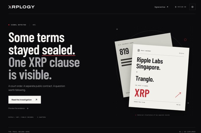 The image is a dark-themed website screenshot for XRPLOGY with the headline "Some terms stayed sealed. One XRP clause is visible," featuring a "Signal detected / 001" badge. Two stacked white cards on the right display "D.A. SECRECIT COURT 819" and "PUBLIC RECORD Ripple Labs Singapore. Tranglo. THE ASSET IS NAMED XRP," visually illustrating the post's claim that a separate public contract explicitly names $XRP, inviting viewers to follow the link to xrplogy.com/signals/001 for the full evidence.