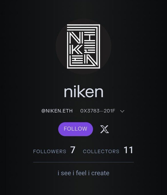 A profile page for "niken" (@NIKEN.ETH) showing a circular logo with stylized text, 7 followers, 11 collectors, and the tagline "i see i feel i create."