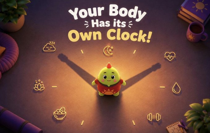 The image shows a small green cartoon character with a red crest and shell standing at the center of a clock face, surrounded by glowing yellow icons representing sleep, food, exercise, meditation, hydration, and rest, with the headline "Your Body Has Its Own Clock!" at the top.

The visual ties directly to the post about Sleepagotchi by illustrating how the app gamifies sleep and healthy habits—using a cute creature and clock-based wellness icons to suggest that better rest, like the character's routines, can serve as a productivity reset.