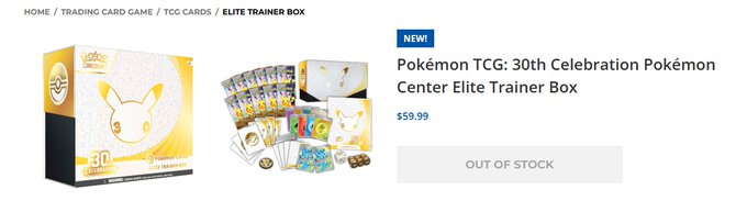 The image shows a Pokémon TCG: 30th Celebration Pokémon Center Elite Trainer Box listed for $59.99, marked as "NEW!" and "OUT OF STOCK." The "COOKED" caption humorously reflects the disappointment of seeing a highly anticipated limited-edition product already sold out.