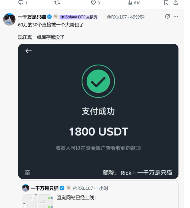 A screenshot of a tweet from @RXu107 showing a successful 1800 USDT payment to "Rick - 一千万是只猫," with the accompanying post discussing high demand and inflated opening prices of 60u for an 8u artist project that has sold out of inventory.