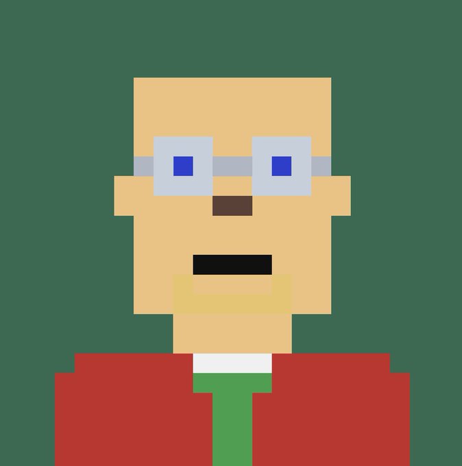 A pixel art style portrait of a character with blonde skin tone, square glasses with blue eyes, wearing a red shirt with a green tie against a dark green background.