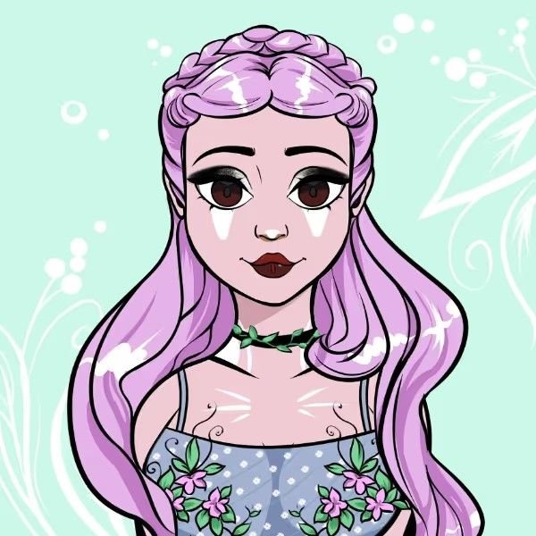 A digital anime-style illustration of a girl with long pastel purple hair, a braided crown, and a floral blue dress, wearing a green leaf choker against a soft teal background.