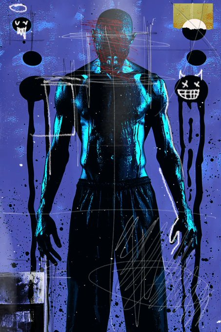 Stylized artwork of a muscular figure in blue and black tones, dripping with paint, featuring a cartoon face logo and 'A$AP Rocky' written at the bottom.