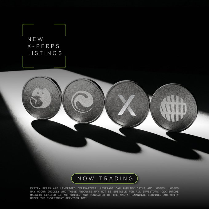 A promotional image for OKX Europe Markets announcing 'NEW X-PERPS LISTINGS NOW TRADING,' showing four metallic tokens with cryptocurrency logos (including XRP and XLM) lined up on a reflective surface.