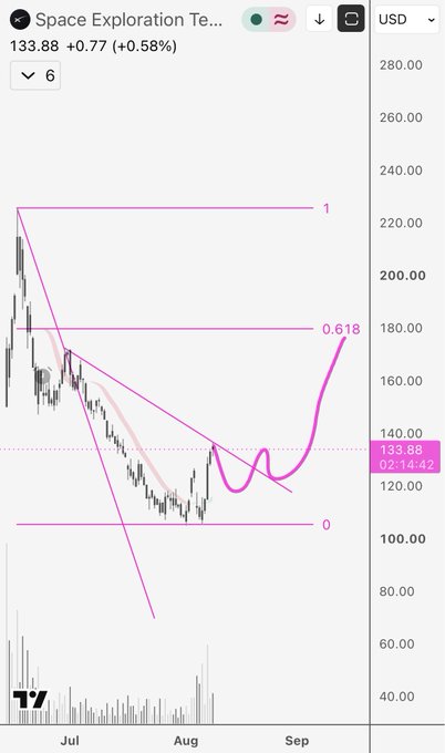 The image shows a candlestick chart of $SPCX (Space Exploration Technologies) trading at $133.88 (+0.77, +0.58%) in USD, with a pink drawn pattern illustrating a potential breakout from a descending triangle/channel formation. The chart highlights key Fibonacci levels (0, 0.618, and 1) and shows the stock approaching resistance near $180, aligning with the post's caution against initiating a long position until a confirmed breakout occurs.
