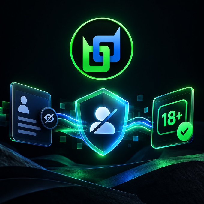 A neon-lit digital illustration features a green circular logo at the top, a glowing shield with a user silhouette in the center, flanked by a profile ID card on the left and an 18+ age verification badge on the right, set against a dark background with flowing green and blue light waves.