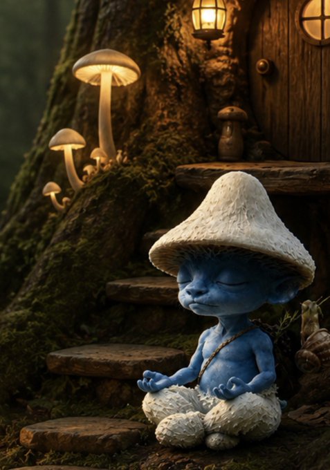 A blue Smurf-like character with a large mushroom cap sits meditating in a peaceful forest setting with glowing mushrooms and a lantern-lit wooden door.