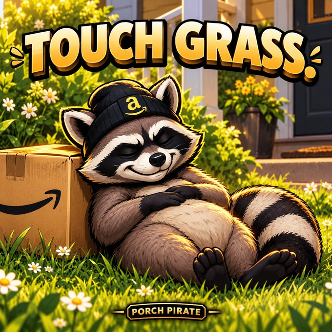 Cartoon illustration of a raccoon wearing an Amazon beanie napping next to an Amazon package on grass, with bold text 'TOUCH GRASS' and 'PORCH PIRATE'.