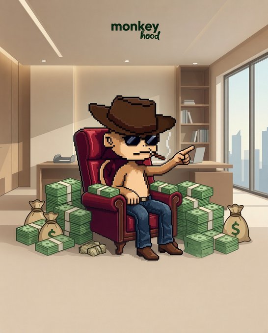 A pixel-art cowboy lounges in a red chair surrounded by stacks of cash and money bags in a modern office, with the "monkeyhood" logo above. The image visually represents the post's message: a wealthy, laid-back figure symbolizing the treasury accumulating capital through token taxes to invest in tokenized stocks on Robinhood Chain.