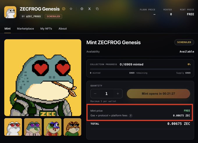 An NFT mint page for "ZECFROG Genesis" shows a pixelated frog with heart eyes and a cigar, with the mint price listed as FREE plus 0.00675 ZEC in gas and protocol fees, highlighted in a red box.