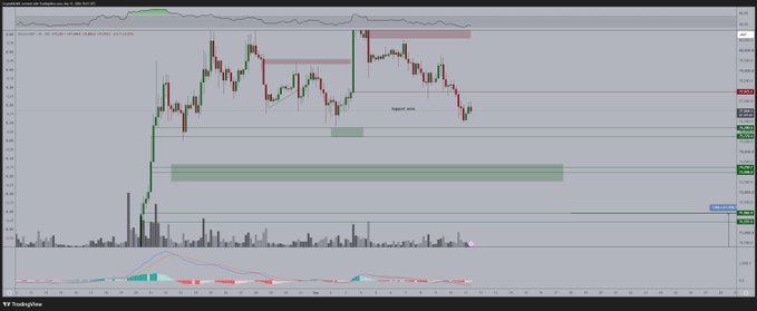 A Bitcoin candlestick chart on TradingView displays price action with marked support zones, including key horizontal levels at $75,500 and $74,500, directly corresponding to the post's analysis highlighting $75,500 as the critical sweep level and $74,500 as the ideal long entry point for altcoin plays.