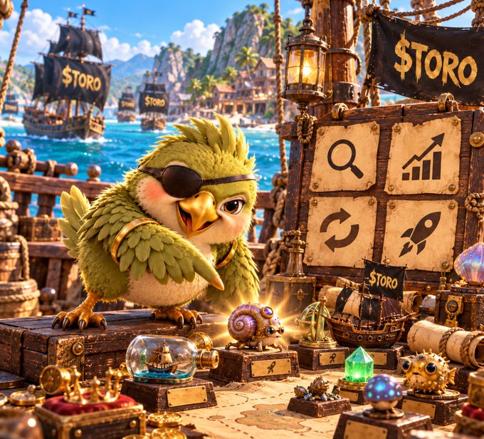 A stylized 3D illustration of a green parrot wearing an eye patch next to a pirate-themed treasure chest displaying symbols for search, analytics, sync, and rocket launch, with pirate ships bearing '$TORO' flags in the background.