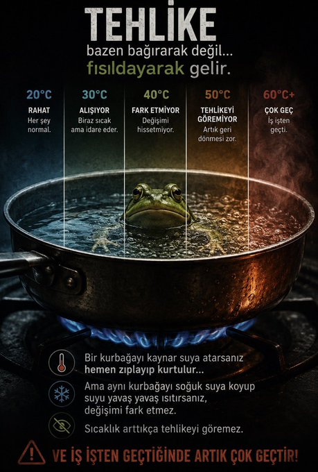 The image shows a frog sitting inside an oil pan that has been placed on top of a stove burner, with the burner turned on. The text on the poster provides information about the different temperatures at which water can be boiled, ranging from 20°C to 60°C (38°F and 140°F).