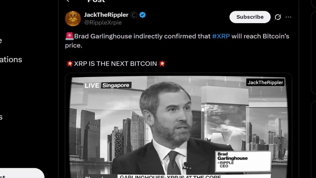 The image shows a news clip of Brad Garlinghouse, who says he has $1.5 million invested in Bitcoin. The surrounding text indicates that this is information about Bitcoin's potential price increase in the cryptocurrency market. This video features multiple speakers sharing their views on Bitcoin and its impact.