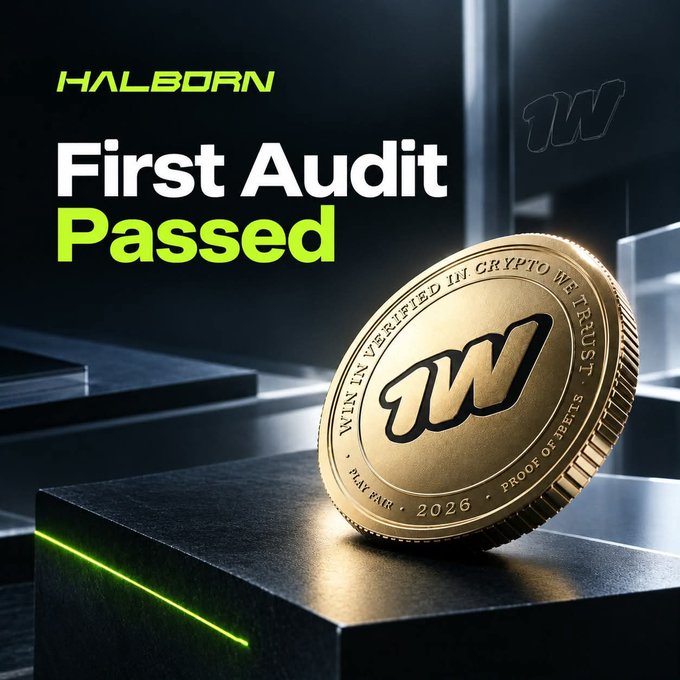 A promotional graphic displays 'HALBORN First Audit Passed' next to a gold coin featuring a 'W' logo, with text indicating 'VERIFIED IN CRYPTO WE TRUST', '2026', and 'PROOF OF STAKE'.