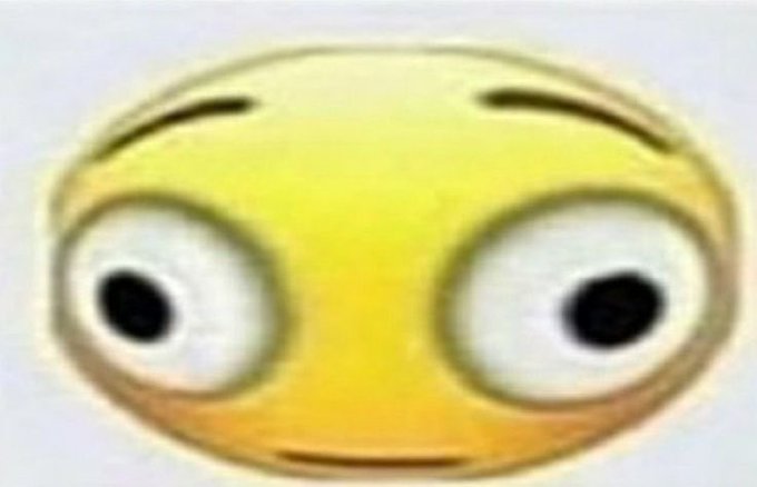The image shows a yellow "shocked" or "wide-eyed" emoji with raised eyebrows and a small straight mouth, expressing stunned disbelief. It fits the post's tone of surprise or shock about a stock or crypto the user is considering buying ("apeing"), amplifying the meme's reaction to the investment choice.