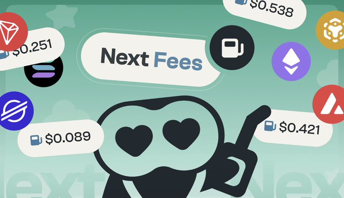 A graphic showing a heart-eyed cartoon character pointing upward, surrounded by cryptocurrency logos and price labels, with text highlighting 'Next Fees' including $0.089, $0.251, $0.538, and $0.421.