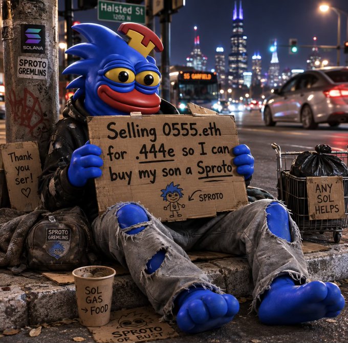 A blue furry gremlin character sitting on a city street corner holding a cardboard sign reading 'Selling 0555.eth for .444e so I can buy my son a Sproto' with Solana/Sproto Gremlins branding visible in the background.