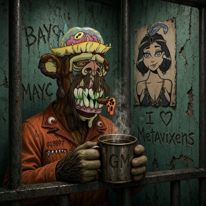 A digital illustration depicts a grotesque, jail-bound mutant ape character from the BAYC/MAYC collections holding a mug labeled 'GM', standing next to a wanted poster of a 'MetaAvixen' character.