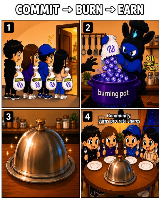 The image is a four-panel cartoon titled "COMMIT → BURN → EARN" illustrating a Community BuyBack process, showing characters with "COMMIT" bags (Panel 1), the character "XIII" snatching bags into a "burning pot" (Panel 2), a serving cloche (Panel 3), and a community eating at a table with text reading "Community earns pro-rata shares" (Panel 4). The post references this by describing XIII as "lil bro" who steals ("snatching the bags") community-committed INJ tokens that get permanently burned, allowing participants to earn pro-rata shares of ecosystem revenue.