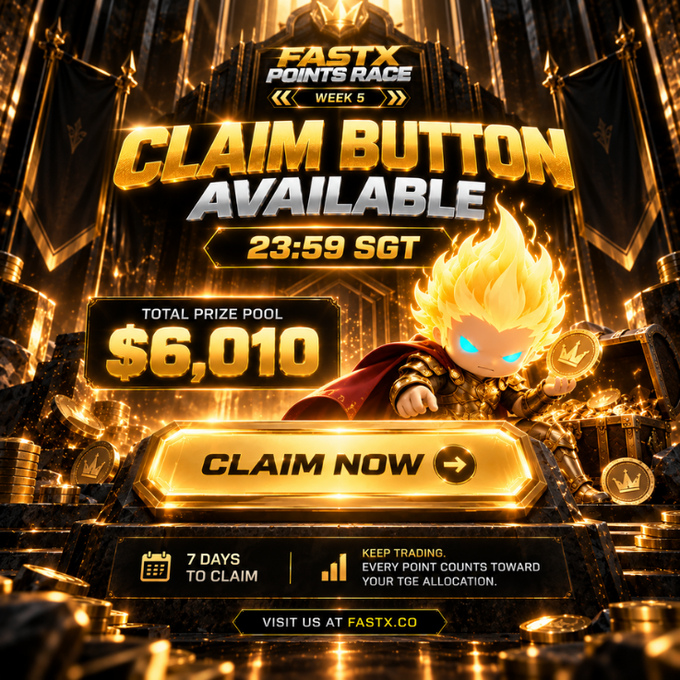 A gold-themed promotional graphic for 'FASTX POINTS RACE WEEK 5' featuring a fiery cartoon character, announcing 'CLAIM BUTTON AVAILABLE' with a total prize pool of $6,010 and a 7-day claim window, directing users to FASTX.CO.