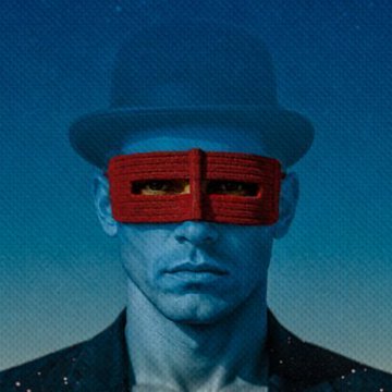 A stylized digital portrait features a man wearing a black bowler hat and a red wrapped blindfold or mask over his eyes against a blue background.