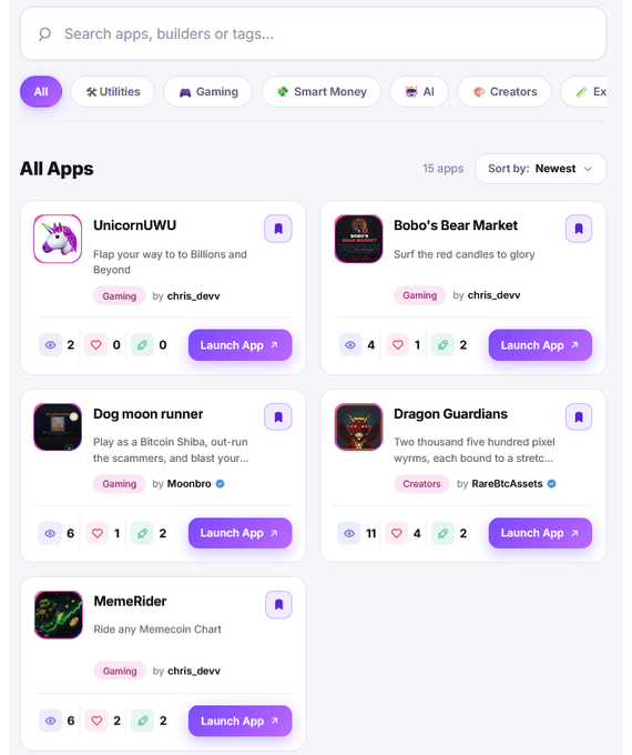 An app marketplace interface showing various apps including 'UnicornUWU' and 'Bobo's Bear Market' by chris_devv, 'Dog moon runner' by Moonbro, 'Dragon Guardains' by RareBtcAssets, and 'MemeRider', all tagged as Gaming.