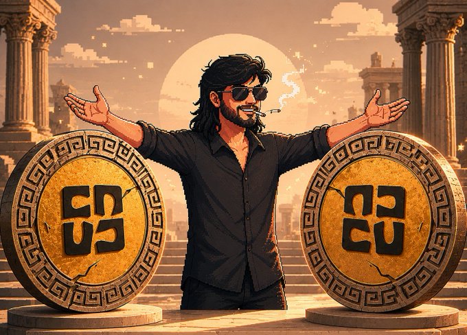 The image features an illustration of a man wearing sunglasses, standing between two large golden coins. The man has his arms outstretched as if he's embracing something or someone. The background includes a sunset with clouds, suggesting that the scene takes place outdoors during the evening hours. The text "The future will not be built on patched systems or temporary fixes" is written in black at the bottom of the image. This message seems to be related to the man and his surroundings, as if he's embracing a new era or a fresh start.