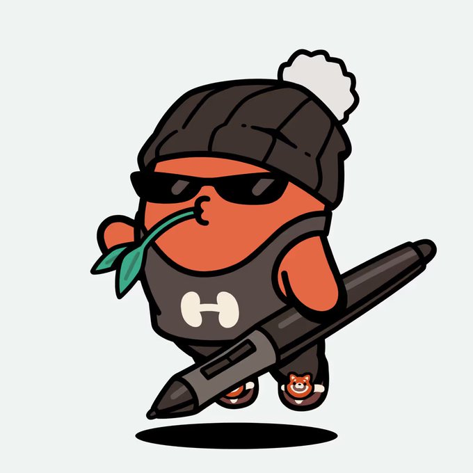 A cartoon mascot character wearing sunglasses, a beanie with a pom-pom, and a dark shirt, holding a large black pen and wearing slippers shaped like a small orange animal.