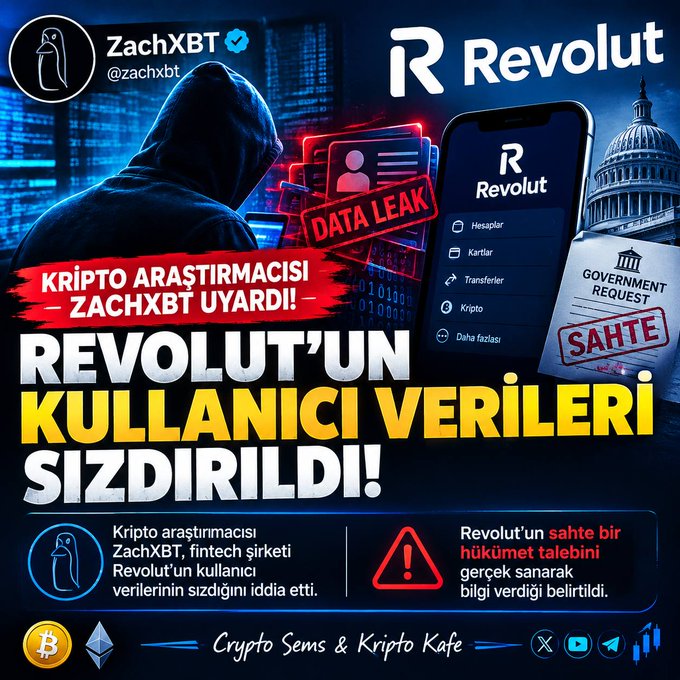 A YouTube thumbnail in Turkish from 'Crypto Sems & Kripto Kafe' claiming crypto investigator ZachXBT exposed a Revolut user data leak and revealed the fintech company serves fake government requests.