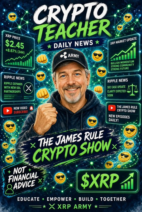 A vibrant promotional thumbnail for "The James Rule Crypto Show" featuring a smiling man in an "ARMY" cap pointing at the viewer, surrounded by neon green crypto graphics, XRP price info ($2.45, +8.67% 24H), and emoji icons, with disclaimers noting "NOT FINANCIAL ADVICE." The image humorously illustrates how Grok would visually interpret a crypto-themed X account, exaggerating it with stock crypto graphics, XRP tickers, and promotional YouTube calls-to-action.