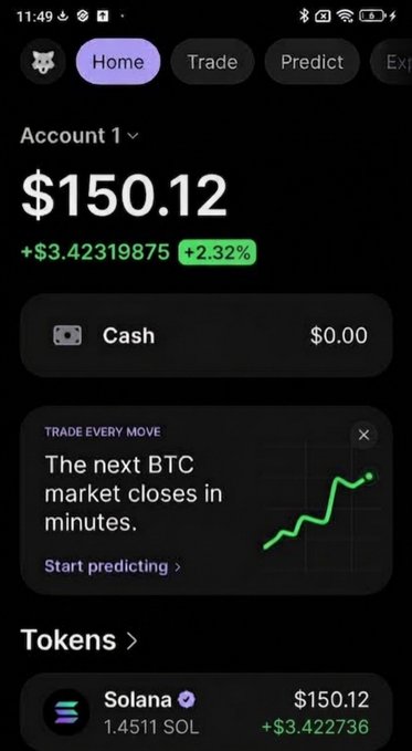 A mobile crypto trading app screenshot showing an Account 1 balance of $150.12 with a +$3.42 (+2.32%) gain, holding 1.4511 Solana (SOL). The image contradicts the caption's skepticism about web3 being hard, instead showcasing an easy at-a-glance portfolio dashboard with recent profits.