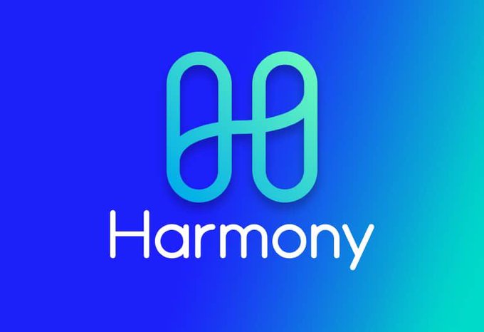 A blue gradient background featuring the Harmony cryptocurrency logo and the word 'Harmony' in white text.