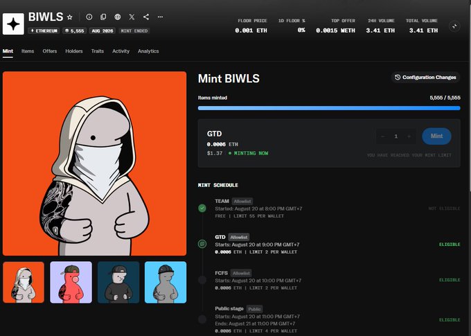 The image shows the minting page for an NFT collection called "BIWLS" on Ethereum, with a floor price of 0.001 ETH and a mint price of 0.0005 ETH, featuring a hooded character illustration against an orange background. The page indicates "MINT ENDED" and that the user "HAVE REACHED YOUR MINT LIMIT," aligning with the "OA again" caption by suggesting the poster was attempting to mint the collection again.
