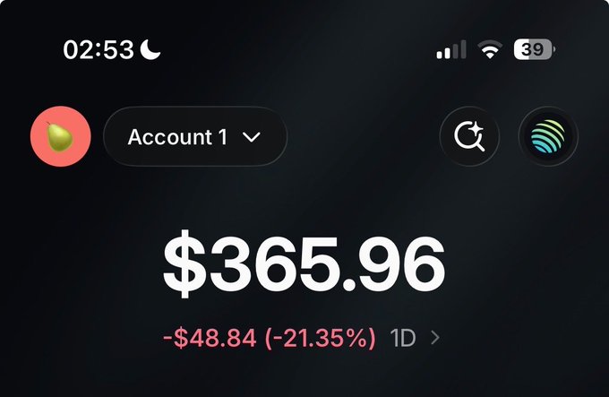 A mobile screenshot showing a crypto portfolio balance of $365.96, down -$48.84 (-21.35%) over 1 day, for Account 1 displayed at 02:53 with low battery.