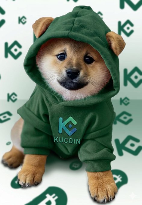 A Shiba Inu puppy wearing a green KuCoin hoodie with the KuCoin logo, set against a background patterned with KuCoin branding, visually supporting the post's request for $DOG to be listed on KuCoin.