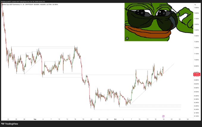 A TradingView chart of Tether Dominance (USDT.D) on the 2-hour timeframe showing a price of 0.9988 (-1.756% / -0.178), with a Pepe the Frog meme graphic in the corner. The chart illustrates recent price action walking up amid weekend FUD and "Black Monday" discussions referenced in the post.