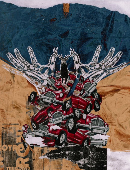 A mixed-media collage featuring a stag standing on a chaotic pile of red vintage cars, framed by large illustrated hands emerging from torn brown paper over a blue background.