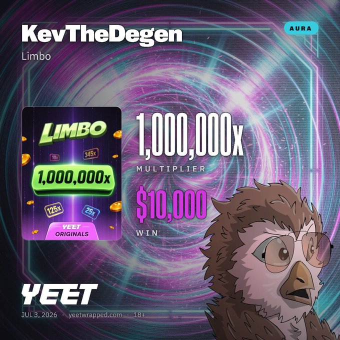 A promotional graphic for the YEET platform showing user 'KevTheDegen' hitting a 1,000,000x multiplier on a Limbo game for a $10,000 win, accompanied by an owl illustration.