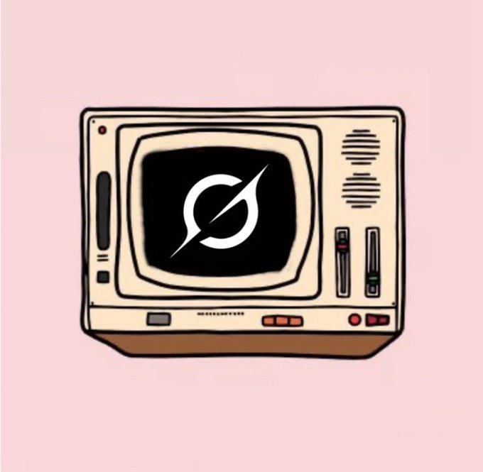 A cartoon-style illustration of a vintage computer monitor or television displaying a stylized eye logo, set against a solid pale pink background.