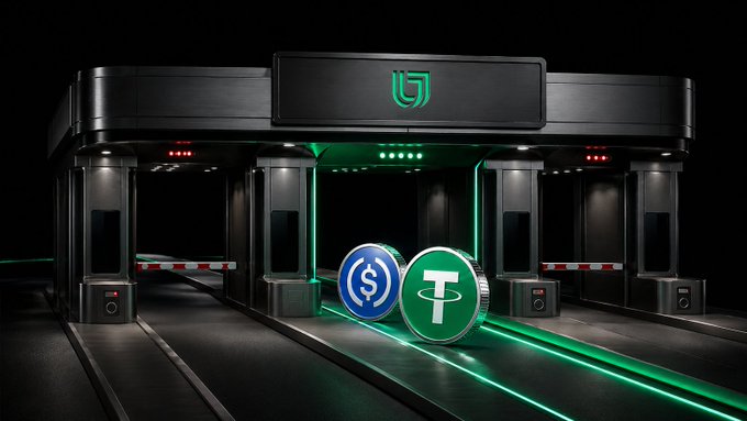 A digital illustration of a futuristic toll booth or border crossing featuring two cryptocurrency coins, USD (blue) and USDT (green), driving through a scanner with green laser lights.
