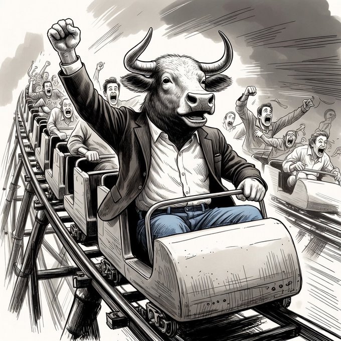 The image features a man riding a roller coaster with his head stuck up high, wearing a suit and tie. The man appears to be a bull, which adds an interesting twist to the scene. The caption above the image reads "Are you not enjoying he ride? Volatility can be your friend, just need the right tools." This suggests that the man's experience on the roller coaster is not as enjoyable as it could be due to the unpredictable nature of the ride.

The post seems to be promoting a theme related to risk-taking and embracing uncertainty in life. The image with the bull riding the roller coaster serves as an example of how sometimes, taking risks can lead to unexpected and thrilling experiences.